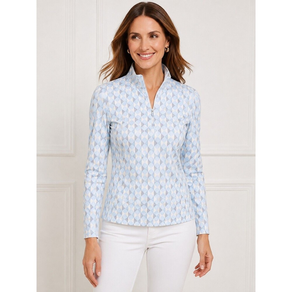 J McLaughlin Bedford Top XL 1/4 Zip Catalina Cloth Blue Geo Print Preppy Coastal